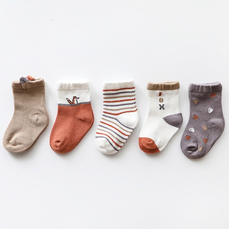 5 pares / lot Meias bebê Outono-Inverno do bebé da menina Meias para o infante da criança dos desenhos animados Cotton animal listrado Sock sokken: fox