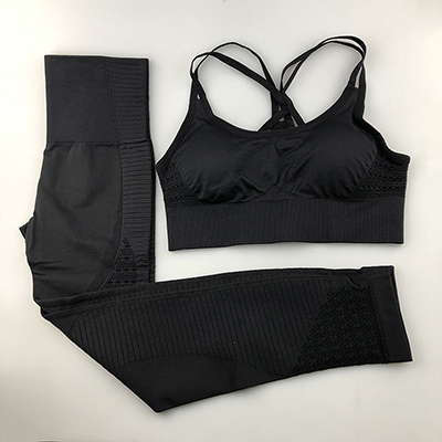 Seamless Yoga Set Women Fitness Clothing Sportswear Woman Gym Leggings Padded Push-up Strappy Sports Bra 2 Pcs Sports Suits: black / S