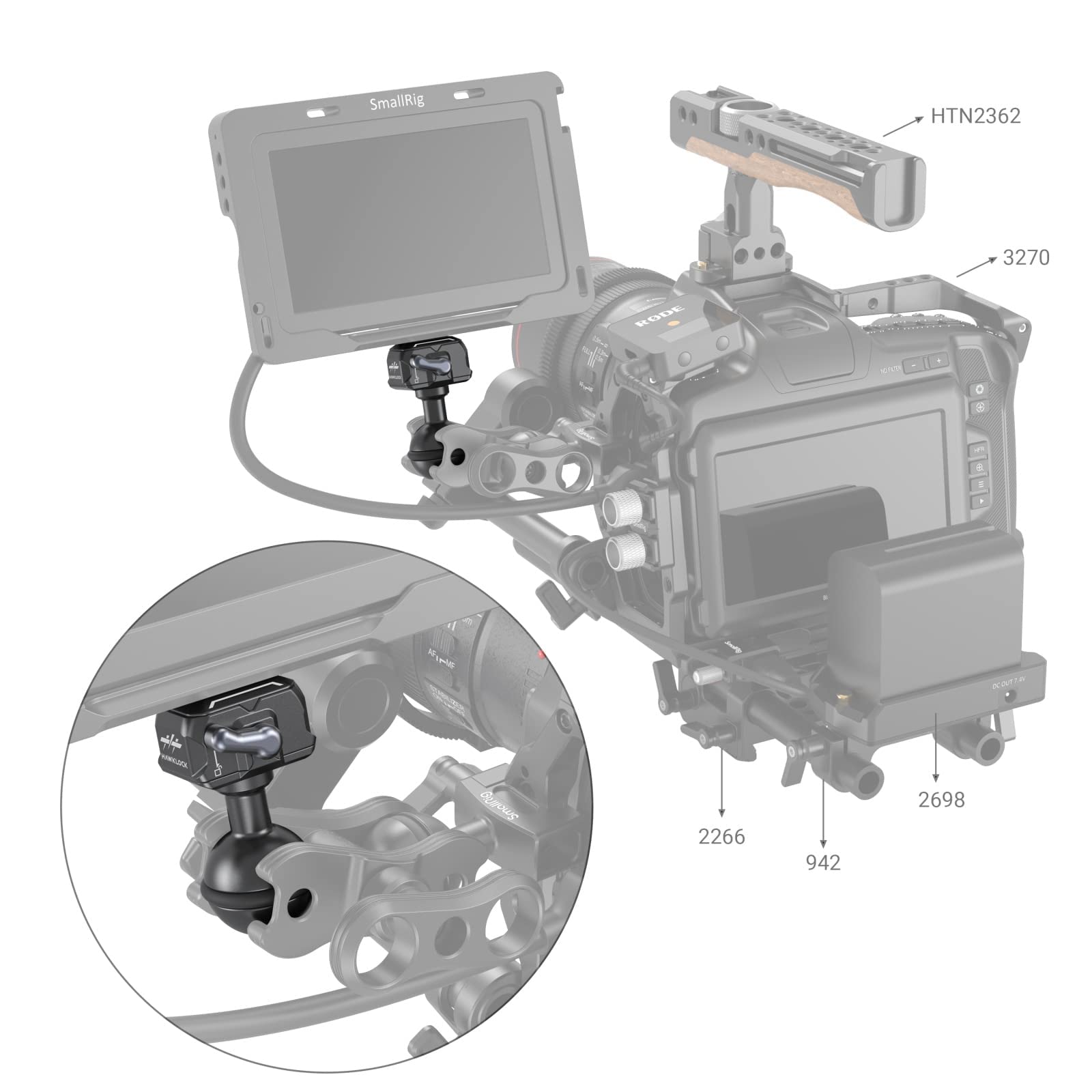 SmallRig -in HawkLock Mini Quick Release 1/4”-20 Ball Head compatible with monitors/LED lights 3600