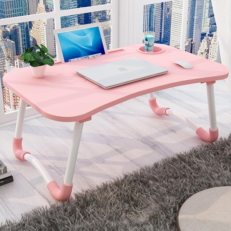 home portable folding bed notebook support frame bedroom living room small computer desk student study table: Pink