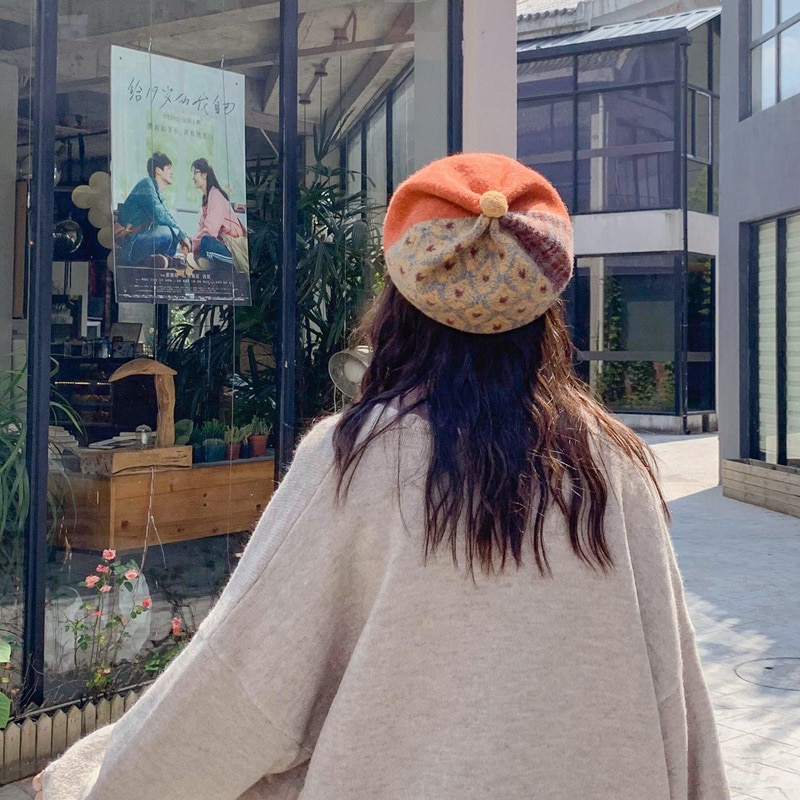 Gorros de invierno para mujer, gorros de lana estilo británico Vintage para chica, sombrero de pintor artístico para mujer, gorro octogonal de lana de otoño e invierno con retazos