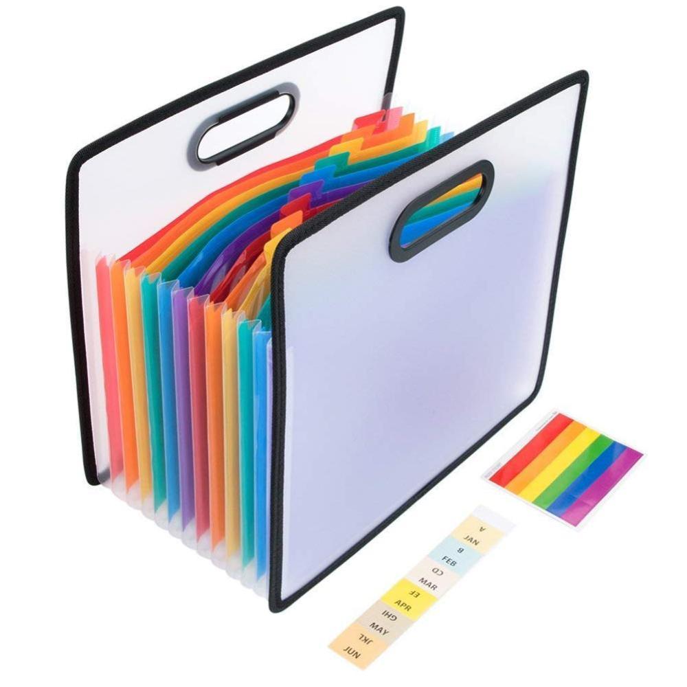 Accordion Expanding File Folder A4 Paper Filing Waterproof document bag 12 Pockets Rainbow Coloured Portable Receipt Organizer