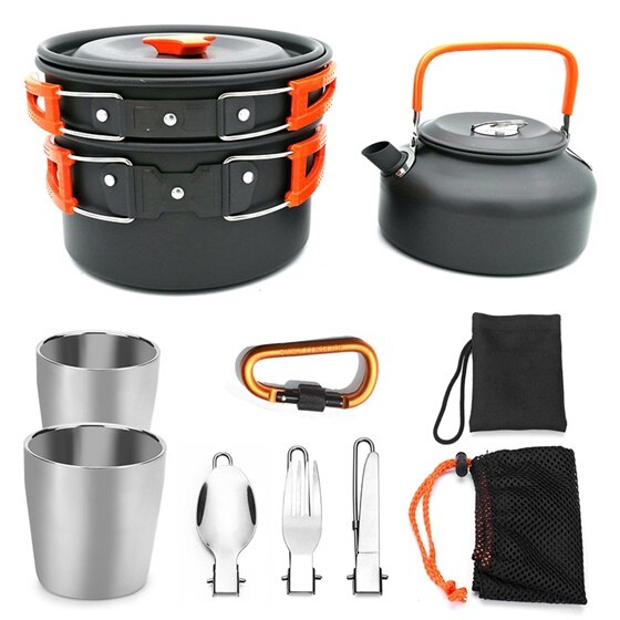 Utomhus servis camping koppar camping redskap bärbar camping köksredskap vandringsgryta picknick set turism utomhus tekanna pan set: Orange