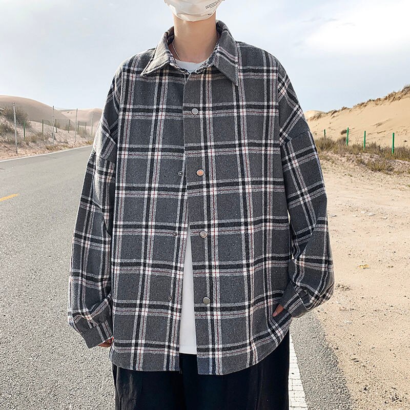 Ylleskjorta herr retro casual yllejacka herr streetwear lös kort yllerock herr tjock långärmad skjorta