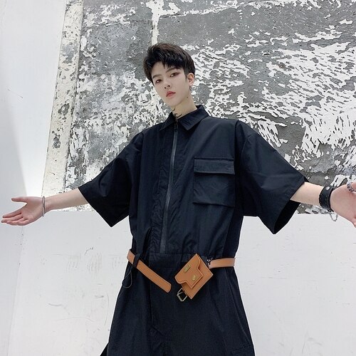 Mono de manga corta para hombre, holgado, informal, con cinturón incluido, Pantalón Cargo, ropa de calle para hombre, ropa de calle, monos de Hip Hop, pantalón harén: M