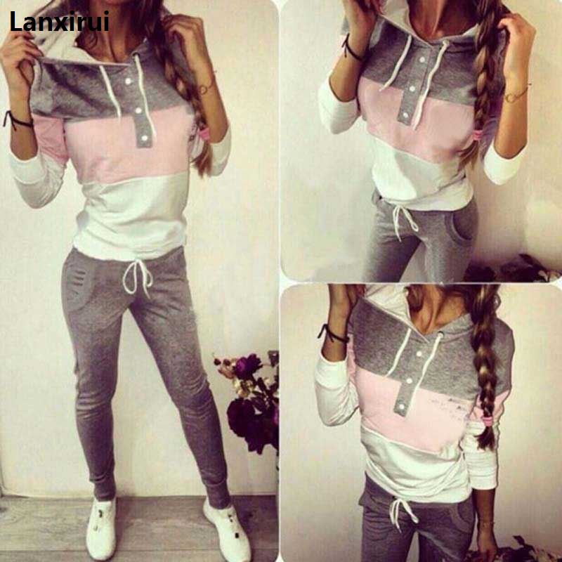 Frauen Zwei Stück Kleidung Set Herbst Trainingsanzug Patchwork Hoodie Sweatshirt Lange Hose Jogger Outfit Set Weibliche Schweiß Anzug: Grau / L