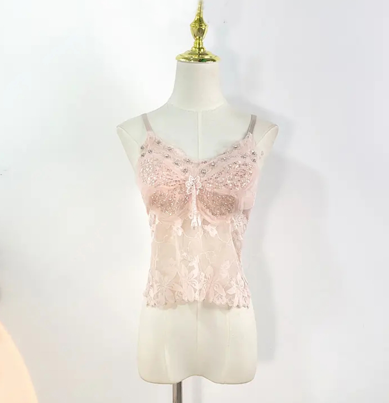 Schwerindustrie genagelt Perlen neue Ernte oben mit Brust polstern Schönheit zurück Bandeau oben Spitze kleines Leibchen: M / Rosa