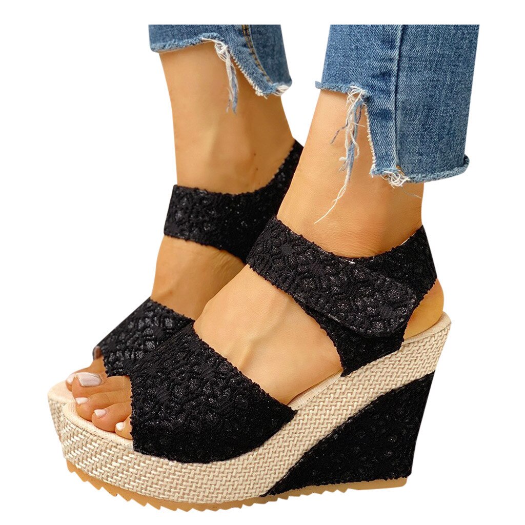 Kobiety moda lato platforma sandał na koturnie kostki pasek kwiat sznurowane buty obuwie Party szpilki Chaussures Zapatos De Mujer: Black / 39
