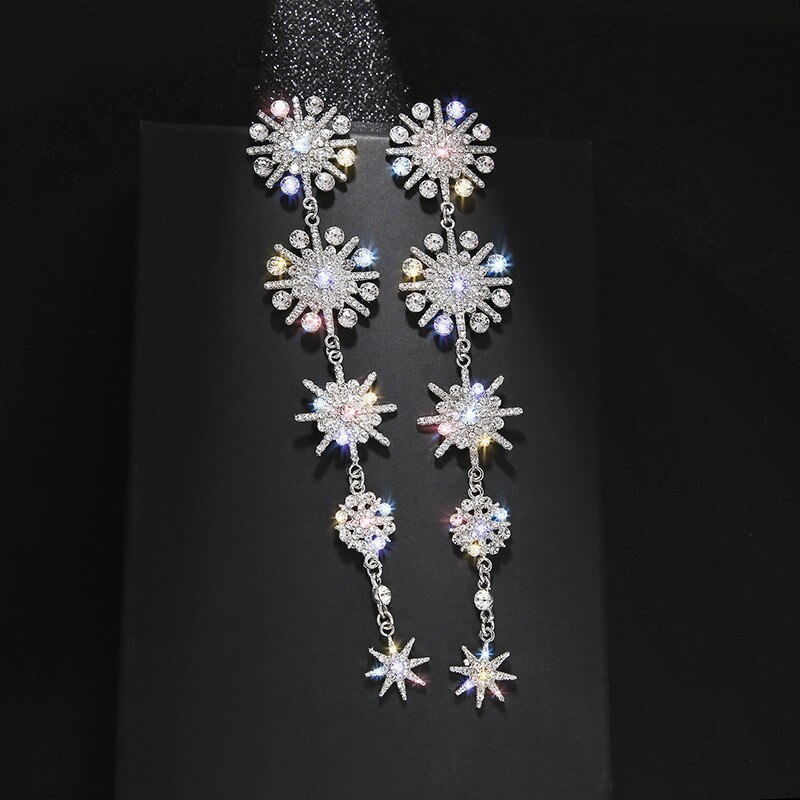 FYUAN – boucles d&#39;oreilles flocon de neige et strass pour femmes, longues, pompon, étoile, cristal, de mariage, de fiançailles: Default Title