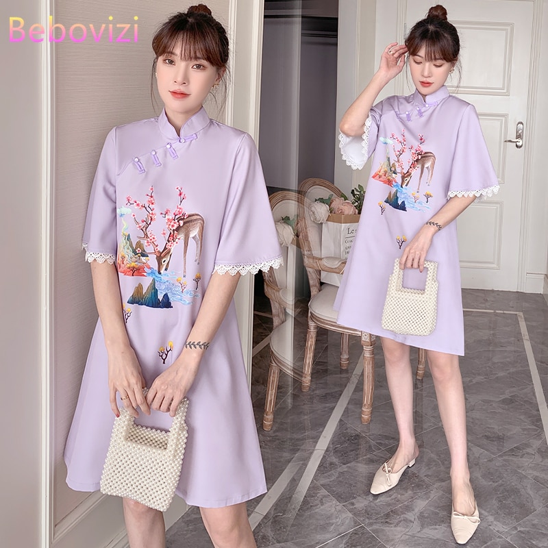 Plus Size M-4XL Year Purple Loose Modern Cheongsam Dress Women Short Sleeve Qipao Traditional Chinese Clothes