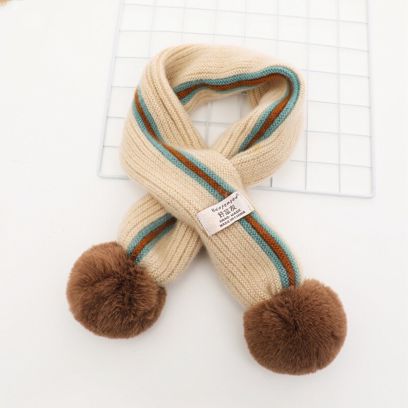 Wiosenne dziewczynki z miękkiej dzianiny szale z pomponami jesienno-zimowa nowe chłopięce dziewczęce kołnierze na szyję dla dzieci ciepłe dziecięce apaszki: Beige w paski Scarf