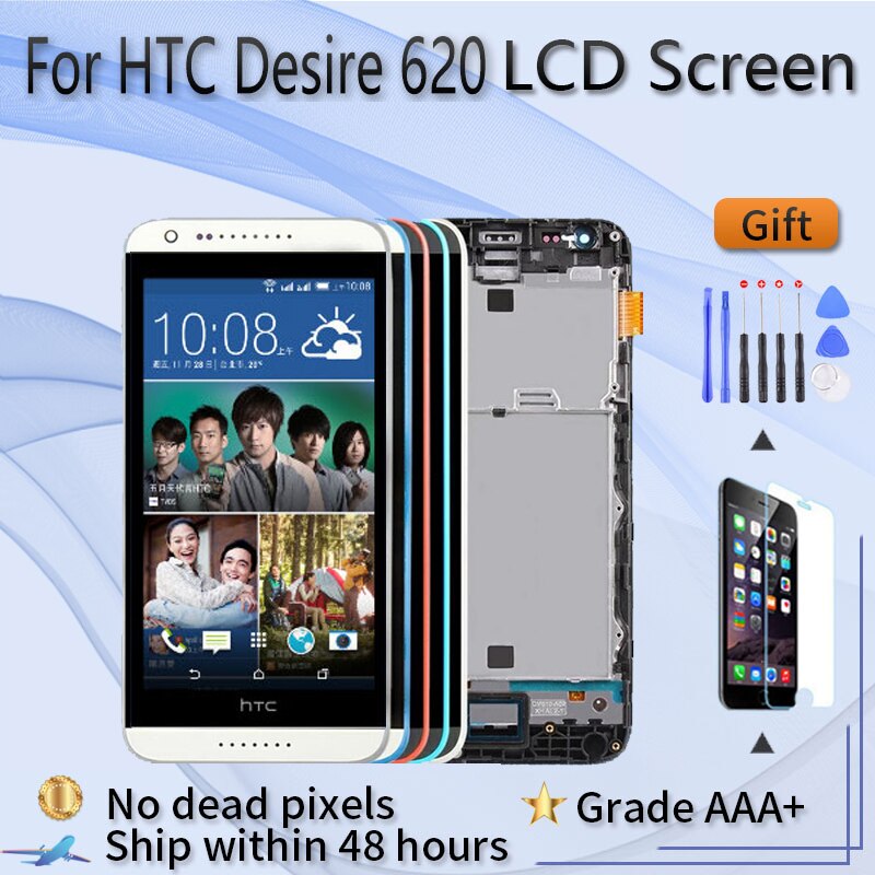 Pour HTC Desire 620 620U 620T 620G écran LCD assemblée avec boîtier avant tactile verre, D620h LCD affichage original noir blanc