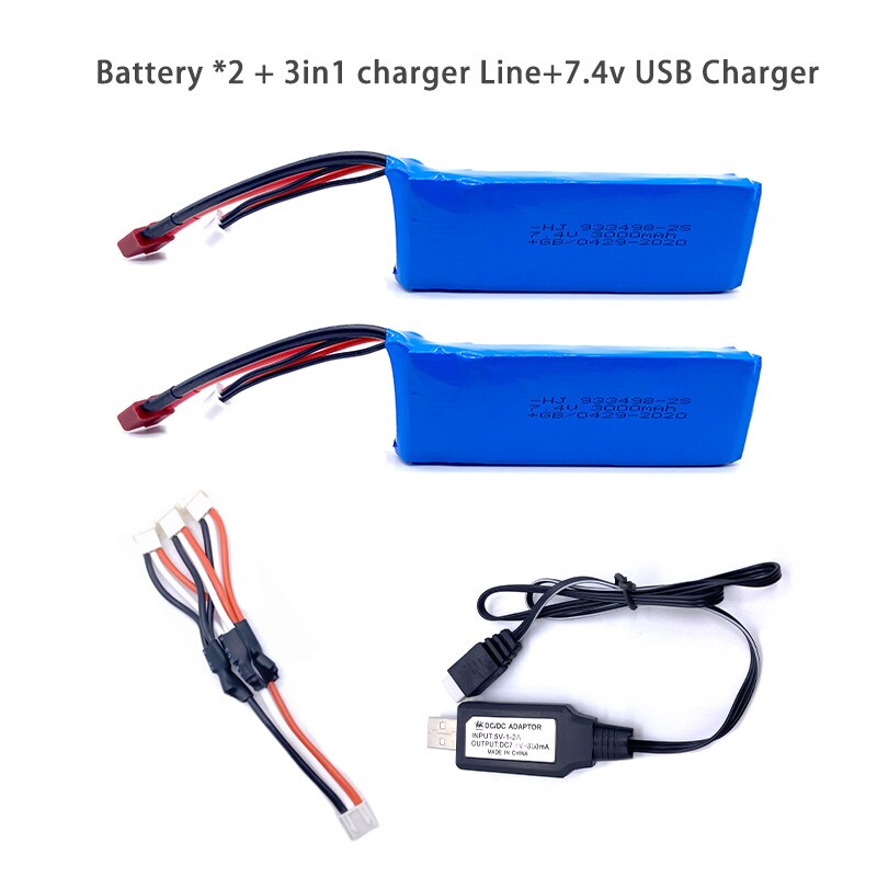 Wltoys 144001 Car 2s 7.4V 3000mAh Upgraded Lipo Battery T Plug For Wltoys 1/14 144001 RC Car Boat Lipo Battery Parts Upgraded: 2Bat3in1LineUSBCH