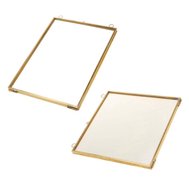 2 Pcs Glass Brass Photo Frame, Vintage Hanging Metal Photo Frame + Glass And 2 Glass Side Gold + Transparent, 12.7 X 17.8 Cm & 1