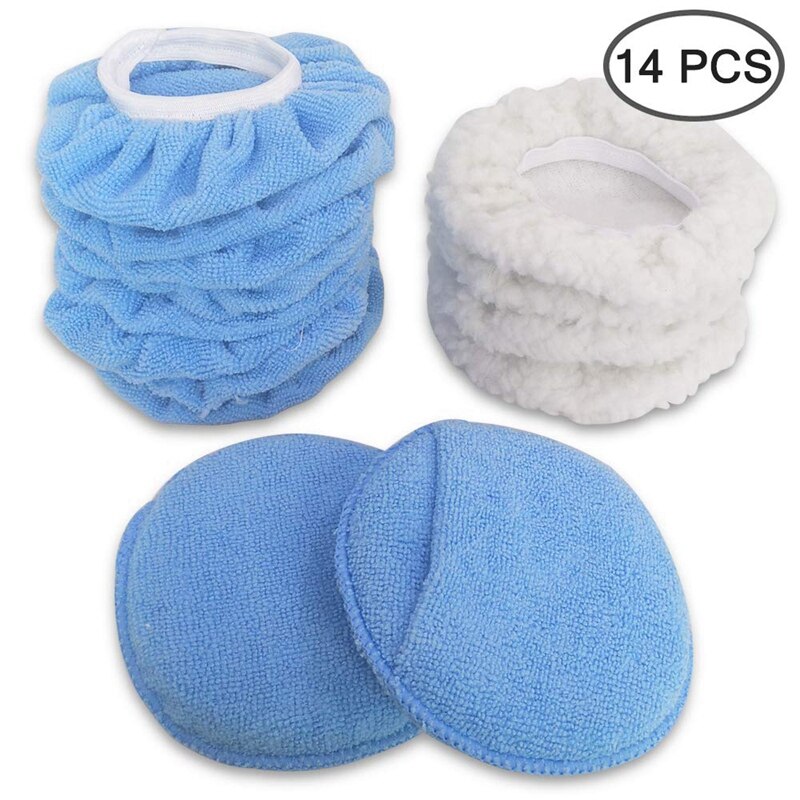 Tampon applicateur de tampon de polissage de voiture de 14 pièces, Bonnet de polissage en microfibre et tampon de cirage avec poche de doigt-bleu, blanc