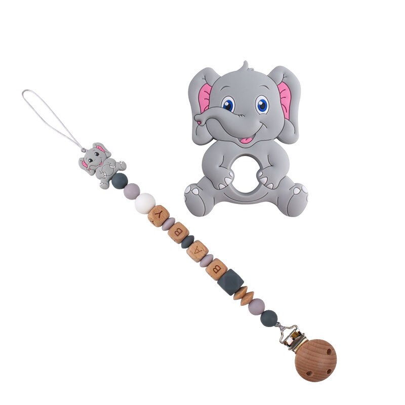 Cute Elephant Baby Infant Chewing Silicone Pacifier Soother Dummy Clips Chain Set Newborn Baby: Black