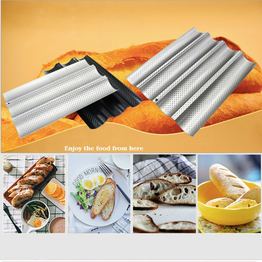 Nonstick Perforated French Bread Baking Pan Carbon Steel Baguette Pan French Bread 4 Wave Loaves Loaf Bake Mold kitchen Tray