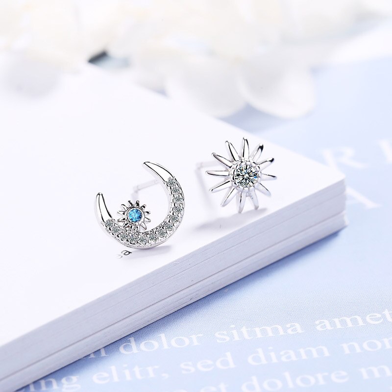 S925 orecchini in argento AAA zircone asimmetria sole e luna orecchini a bottone per donna regalo Lady Girl gioielli di moda