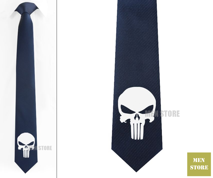 The Punisher Skull Ghost Men Jacquard Woven Skinny Narrow 2.3" Necktie 6 cm Neckwear Wedding Party Groom Tie Cufflink LK020M: Navy tie White logo
