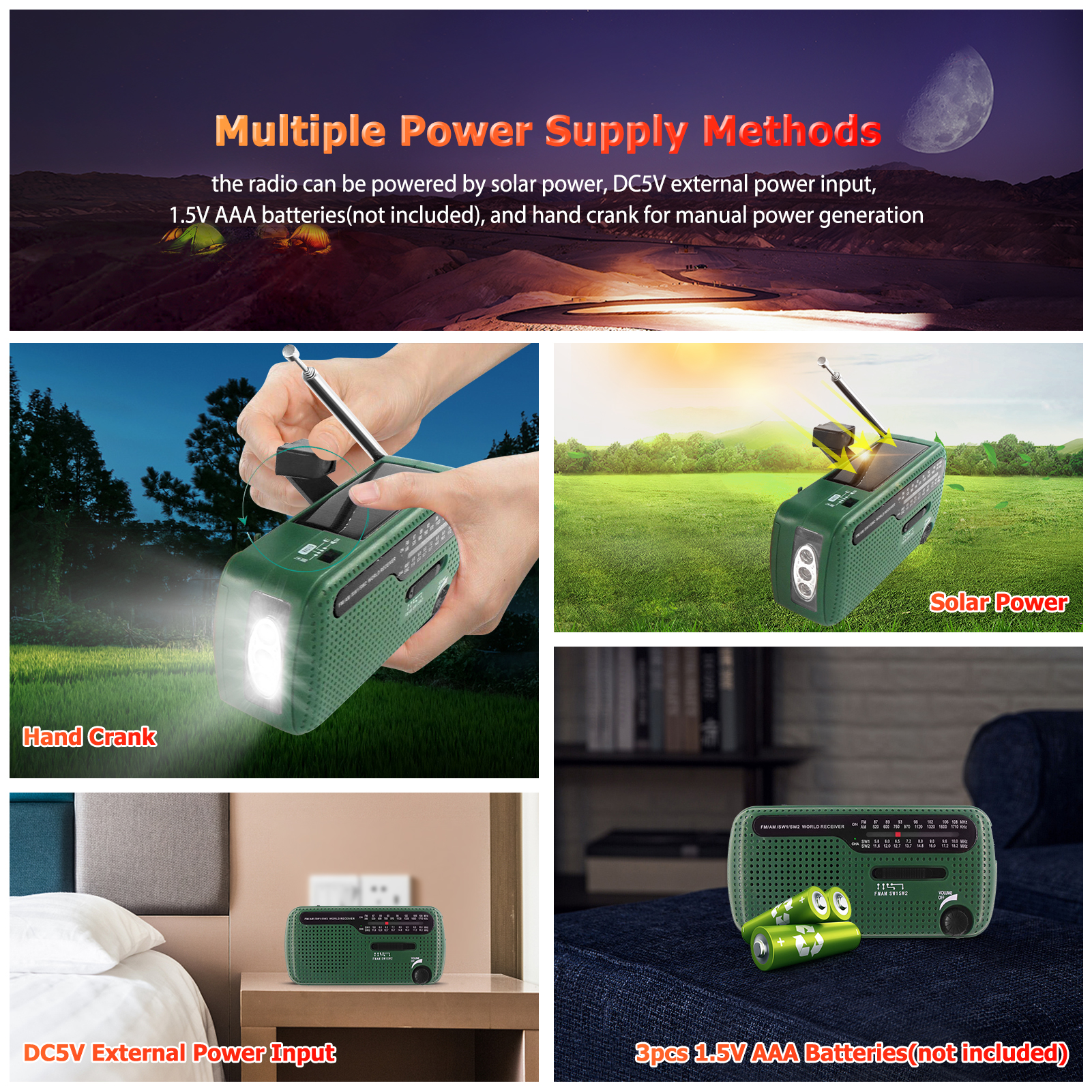 Emergency Radio Hand Crank Solar Radio 1200mAh Rechargeable Power Bank LED Flashlight AM / FM / SW1 / SW2 World Band Receiver