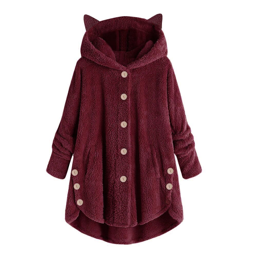 Wol Blend Vrouwen Knop Kat Oor Jas Pluizige Turn-down Kraag Uitloper Jacket Casual Tops Hooded Trui Losse trui #45: Bordeauxrood / M