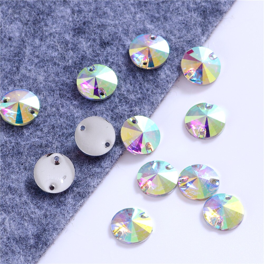 Diamantes de imitación redondos de resina para coser, cristales AB plateados con reverso plano, piedras Strass para ropa, accesorios para zapatos, 7 tamaños