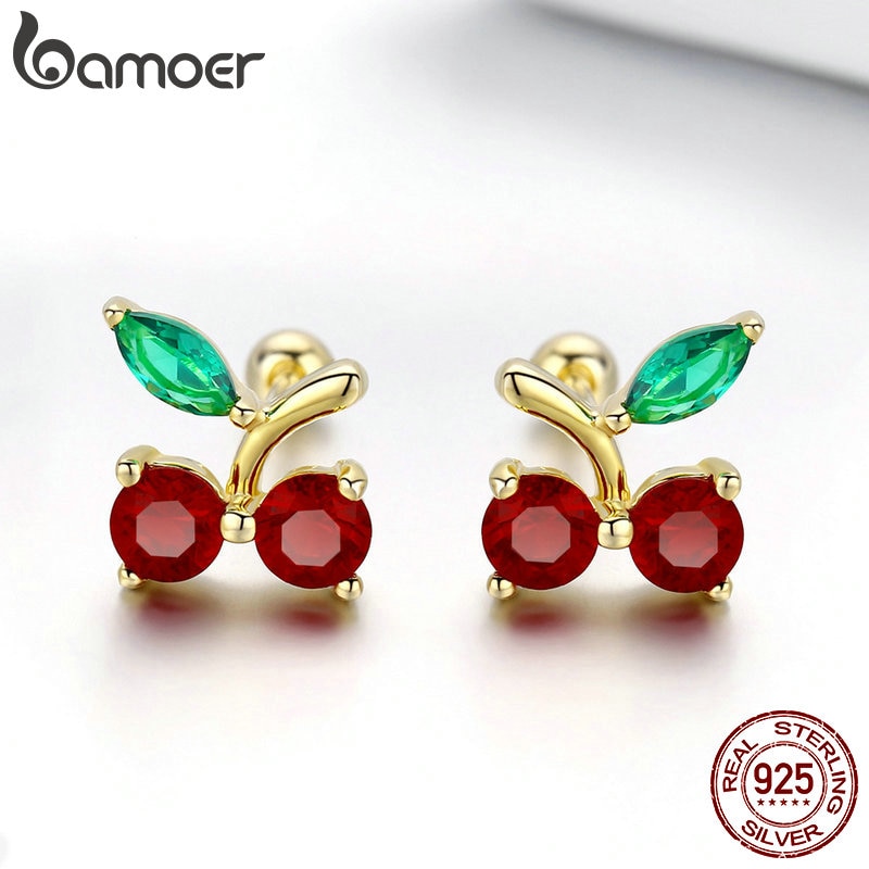 BAMOER 925 Sterling Silver Red Cherry Flower Exquisite Stud Earrings for Women Wedding Engagement Jewelry SCE543