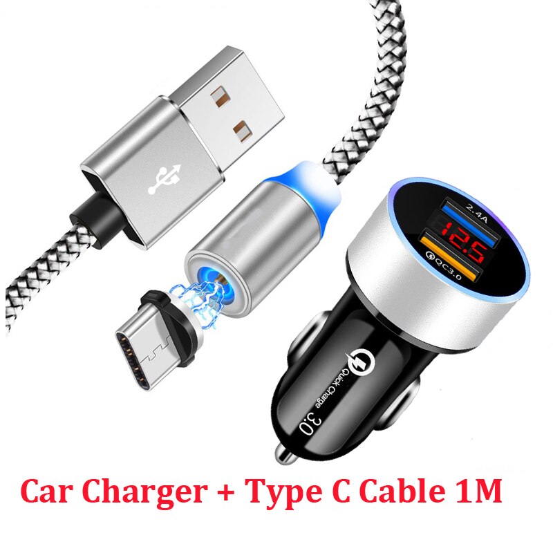 QC 3.0 Dual USB Quick Car Charger Magnetic Type C Cable For Samsung A50 A30 A21 A41 S8 S9 S10 Sony Xperia 10 XA1 Plus XA2 XZ3 L3: A Set of Silver