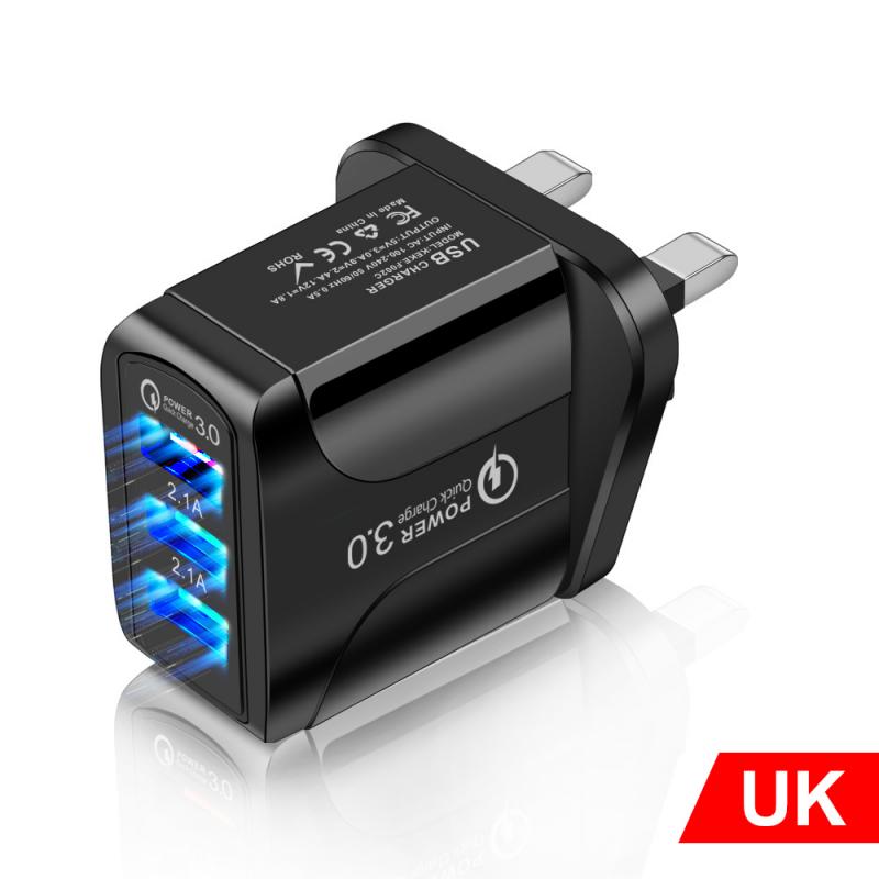 Cargador luminoso 3USB 2.4A para teléfono inteligente, cargador de paso para tableta, cargadores de teléfono móvil, telecomunicaciones: UK black