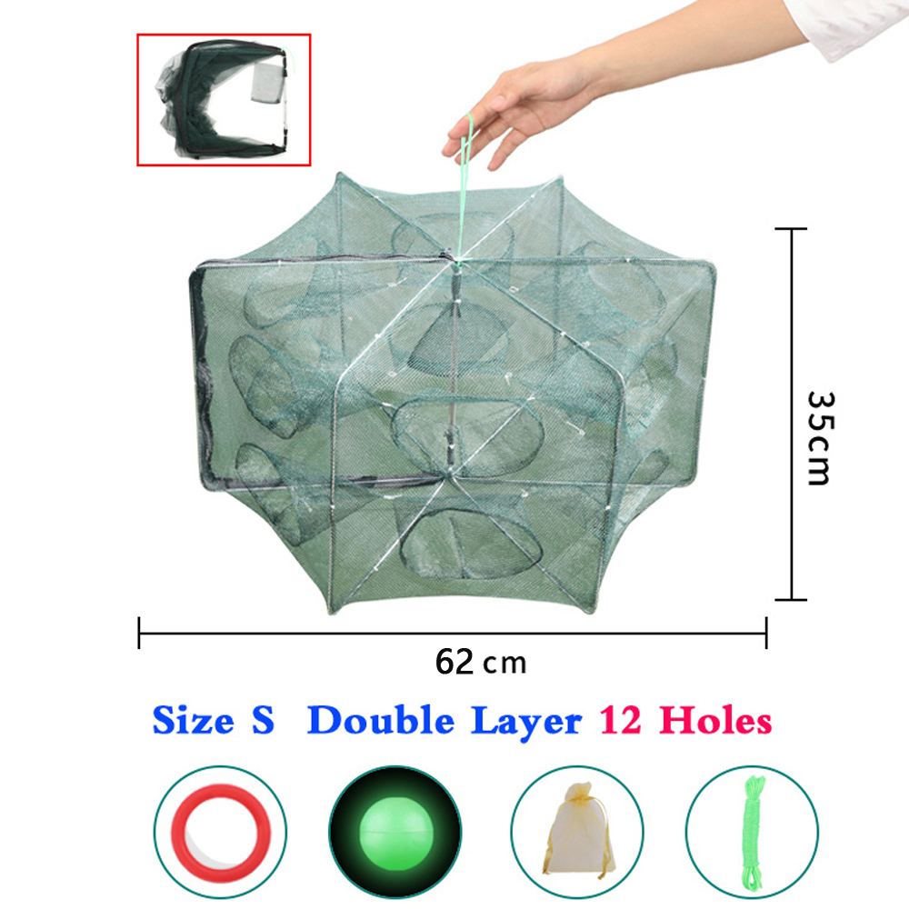 6/8/12/20 Holes Casting Fishing Net Crayfish Catcher Crab Cage Nylon Network Foldable Mesh for Catch Fish Tool Trap Landing Nets: green