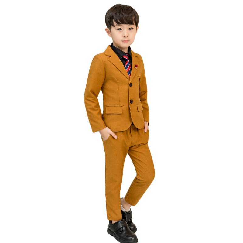 Blume Jungen Hochzeit Kleid freundlicher Gastgeber Blazer Hosen 2 stücke Kleidung einstellen freundlicher Party Klavier Tanz Leistung zeremonie Kostüm: khaki 2Stck / 5T