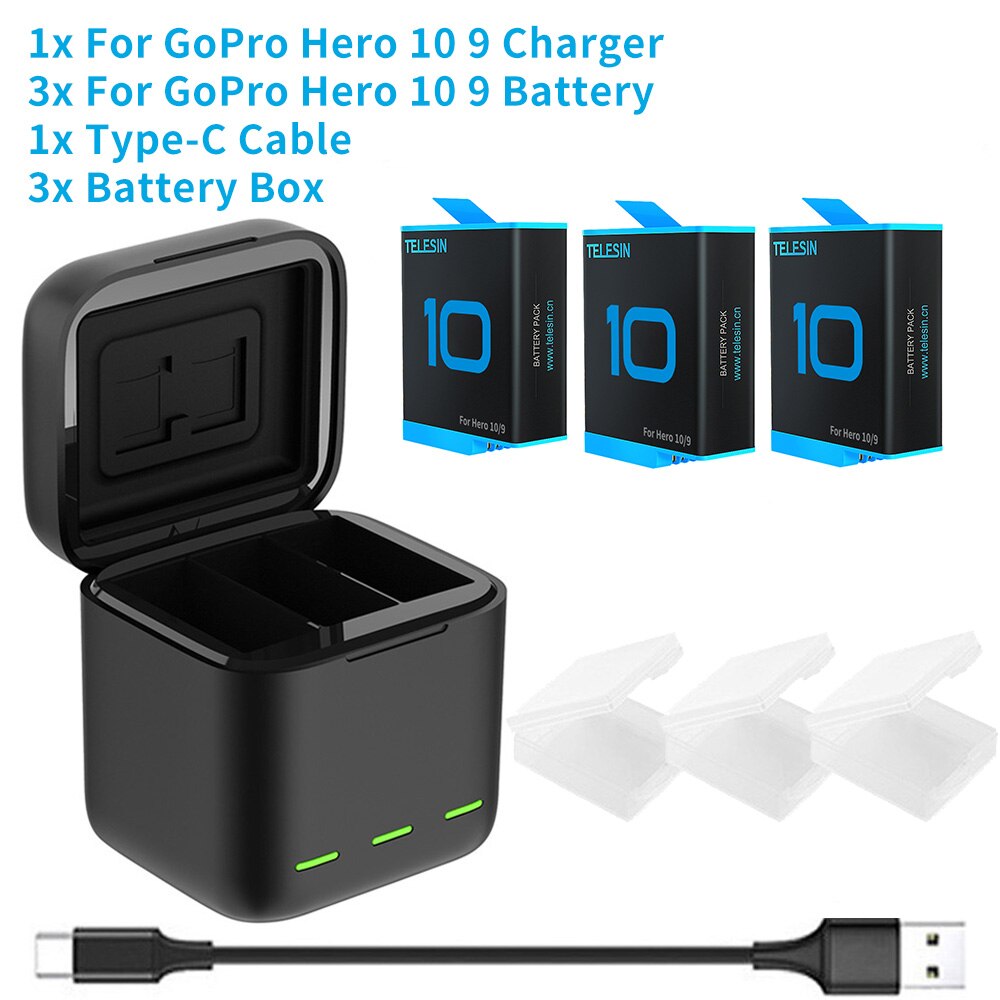 TELESIN For GoPro 10 9 Battery 1750mAh 1220mAh 3 Slots LED Light Charger Box TF Card Storage For GoPro Hero 5 6 7 8 9 10 Black: 3B For 9 10