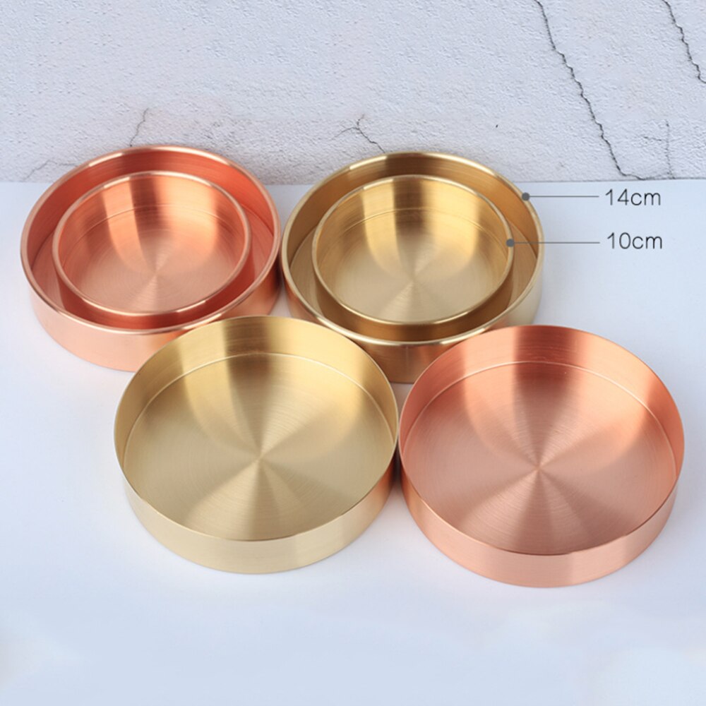 Almacenamiento redondo de cobre, bandeja de escritorio, organizador de almacenamiento de Metal, organizador de joyas de oro rosa, pequeños platos de almacenamiento de objetos, decoración del hogar