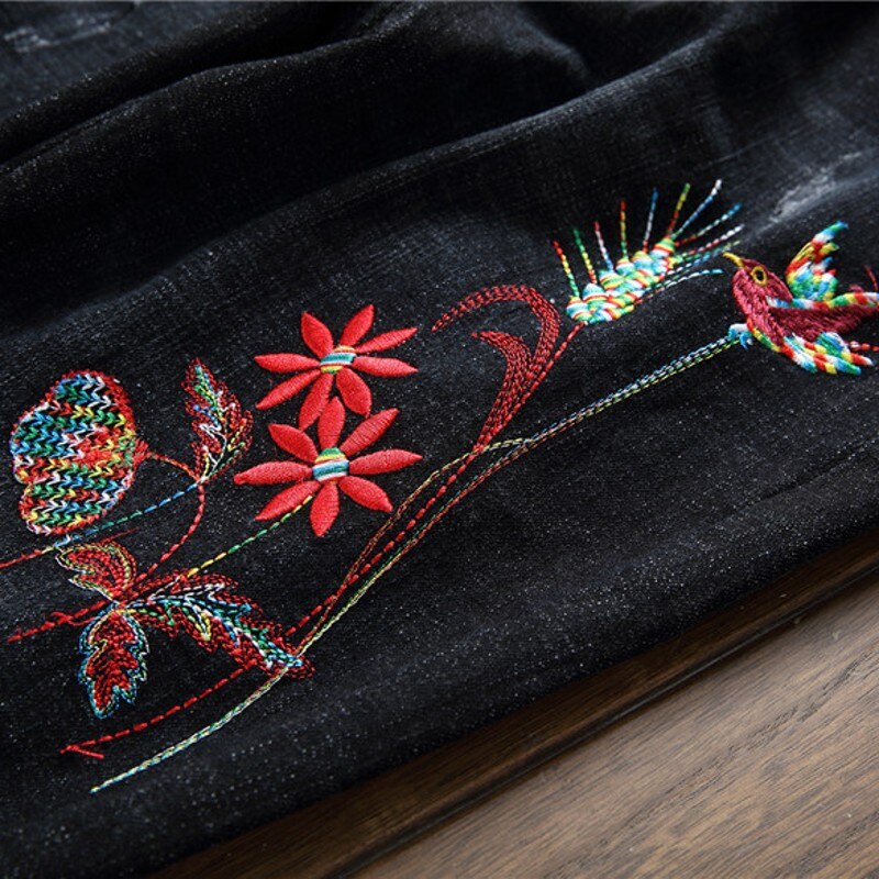 Pantalones vaqueros ajustados con bordado de flores para hombre, Vaqueros clásicos con cremallera rasgada, color negro