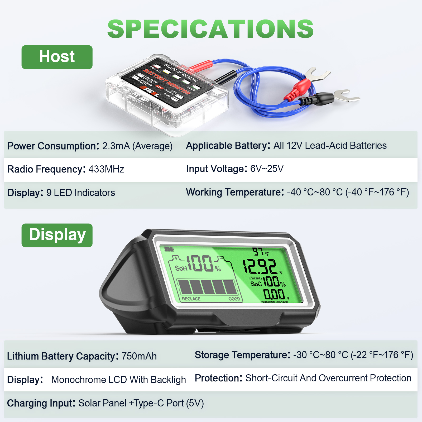 ANCEL BM200 PRO LED Battery Tester for 12V Battery Monitor Display Battery Health SOH SOC Tester Analyzer Charging Tester Tools
