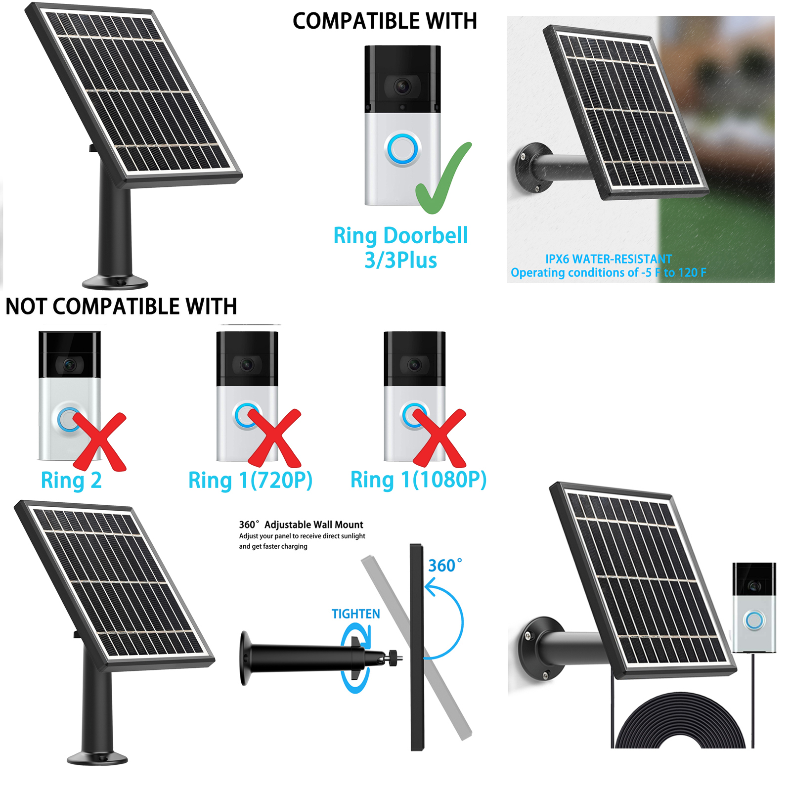 Solar panel for Ring Video Doorbell 3/3 Plus,3.5W Output(No Include Camera)