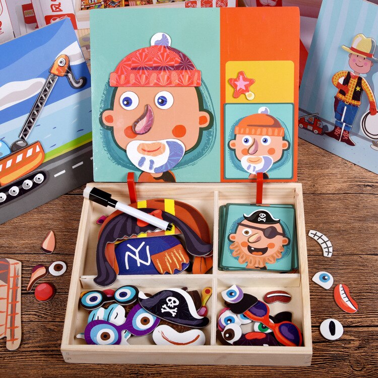 3d houten magnetische puzzels voor kinderen sticker montessori baby up educatief figuur dieren voertuig tekenbord leerzaam speelgoed: Stier puzzel verandering