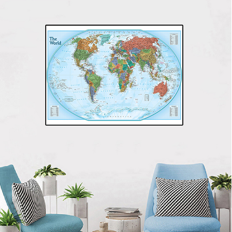 90*60cm The World Potical Map Canvas Painting Modern Wall Art Poster for Living Room Decoration Home Decoration School Supplies
