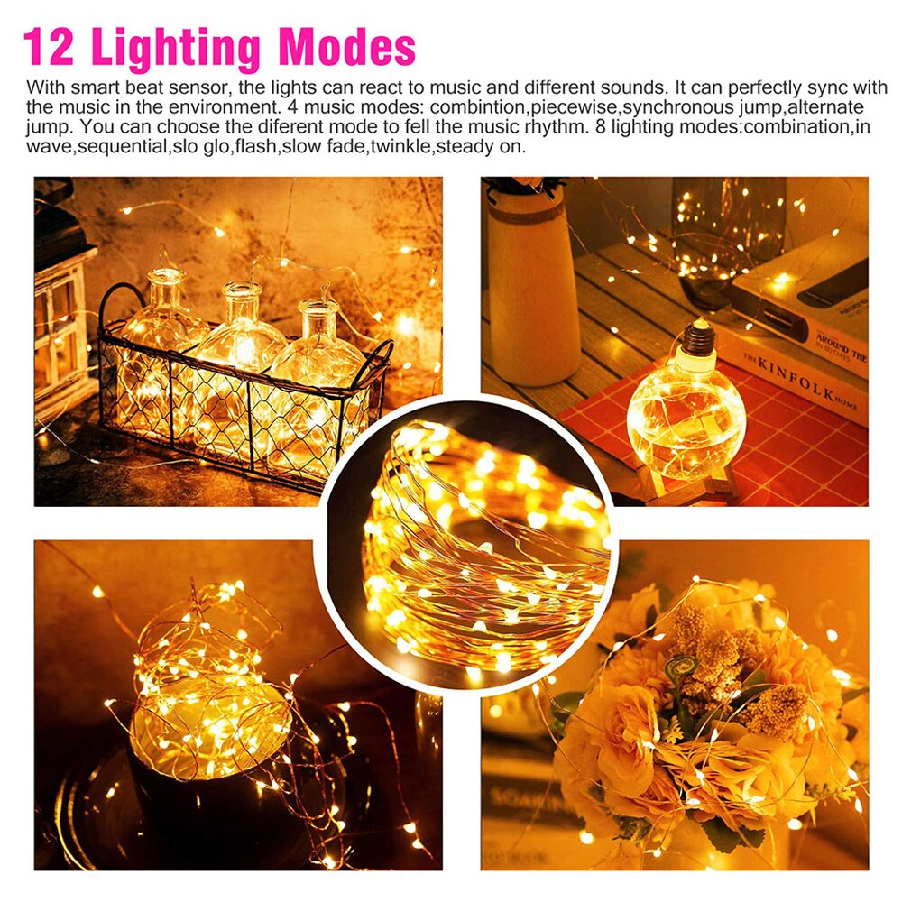 Sound Activated LED Music String Lights 5M 10M 12 Modes Waterproof Copper Wire Twinkle String Lights For Party Christmas Wedding