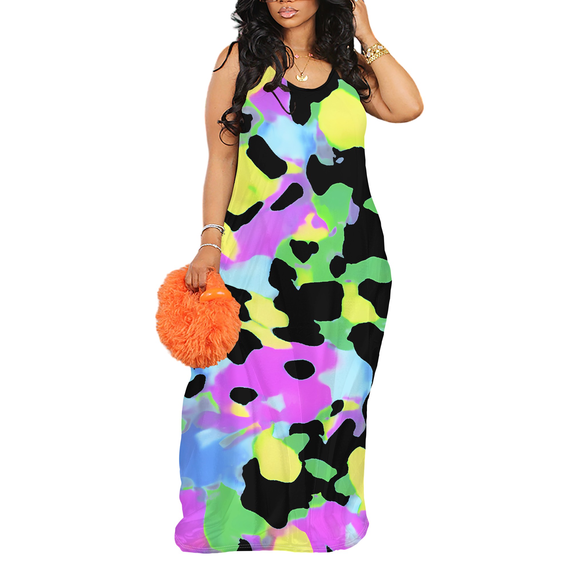 sexy Damen-Kleid mit tiefem V-Träger, bedruckt, langes Kleid, Freizeitkleid, Maxikleider für Damen, Sommer, mit Taschen