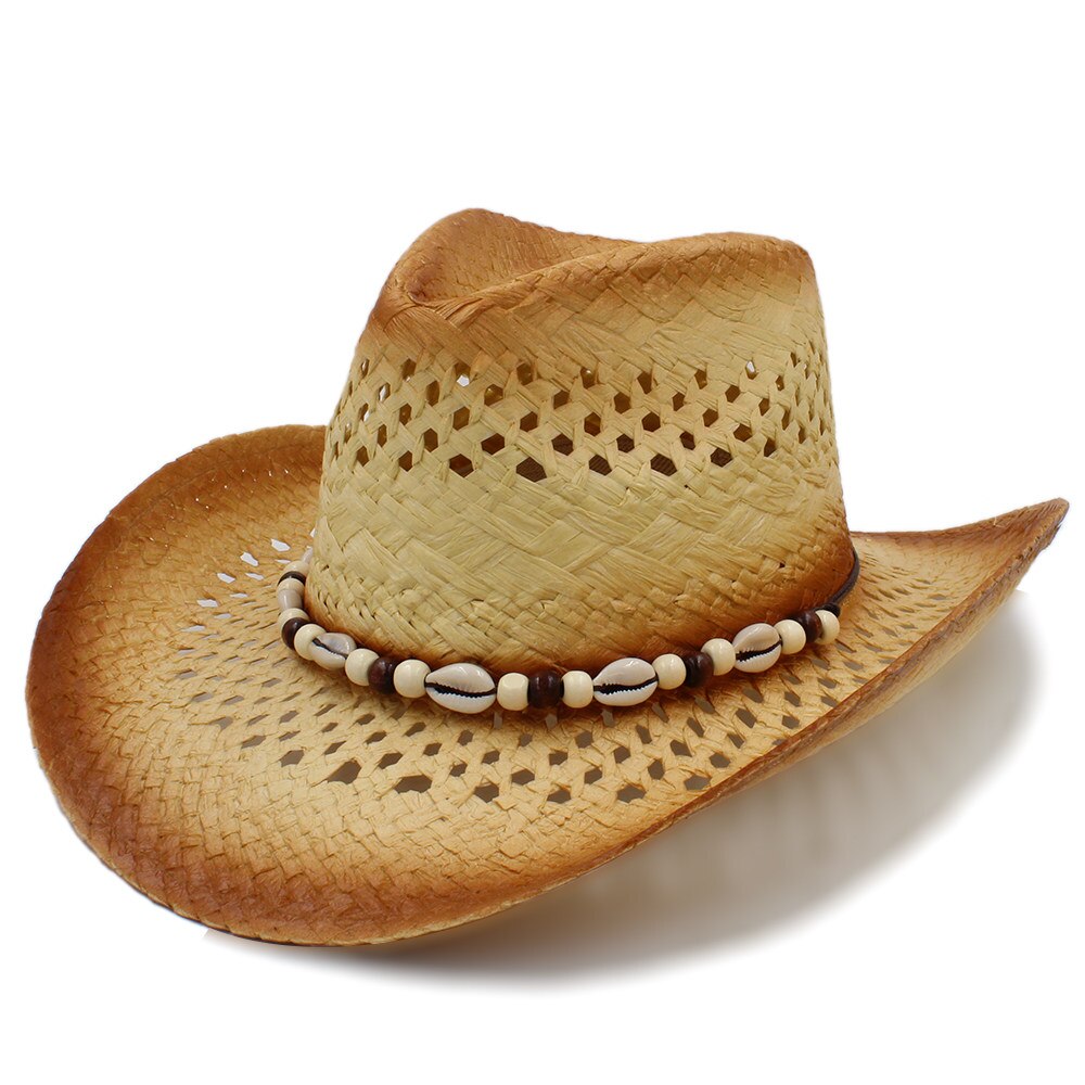 Mode Vrouwen Western Cowboy Hoed Met Strand shell Band Voor Dame Stro Strand Zon Sombrero Cowgirl Hoed Maat 58 cm