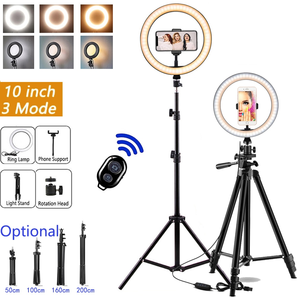 26cm led selfie anel luz trepied pode ser escurecido lâmpada suporte do telefone tiktok círculo luz de preenchimento maquiagem fotografia ringlight tripé