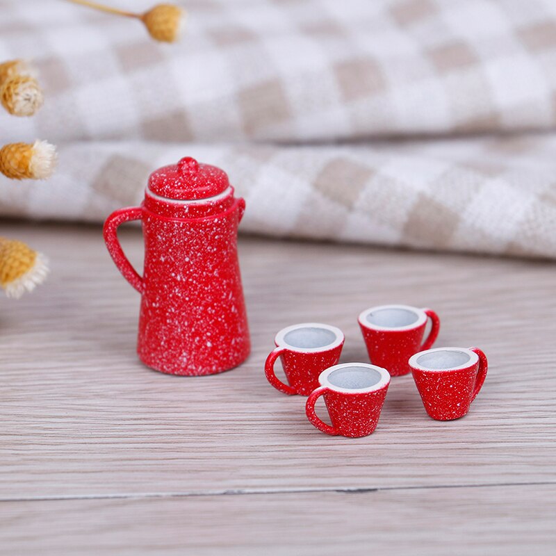 5 Pcs 1/12 Dollhouse Miniature Porcelain Coffee Tea Lid Pot kettle Cups Set Kitchen Classic Toy Pretend Play Best Girl Doll