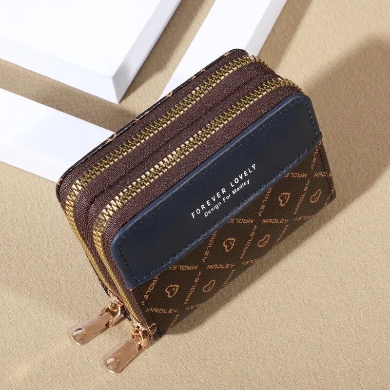 Mini portefeuille en similicuir avec double fermeture éclair, pochette classique compacte, fentes pour cartes multiples, poche coordonnante, protection RFID, chic: bleu foncé