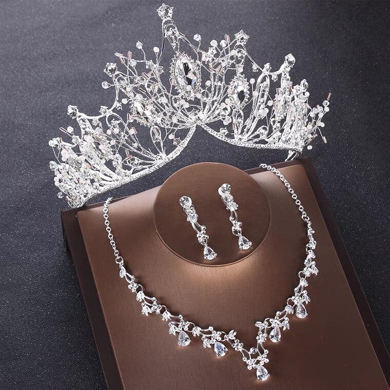 Barokke Luxe Zilveren Kleur Kristal Hart Bruids Sieraden Sets Kettingen Oorbellen Tiara Kroon Bruiloft Kralen Afrikaanse Sieraden Sets: 3Pcs Jewelry Set2