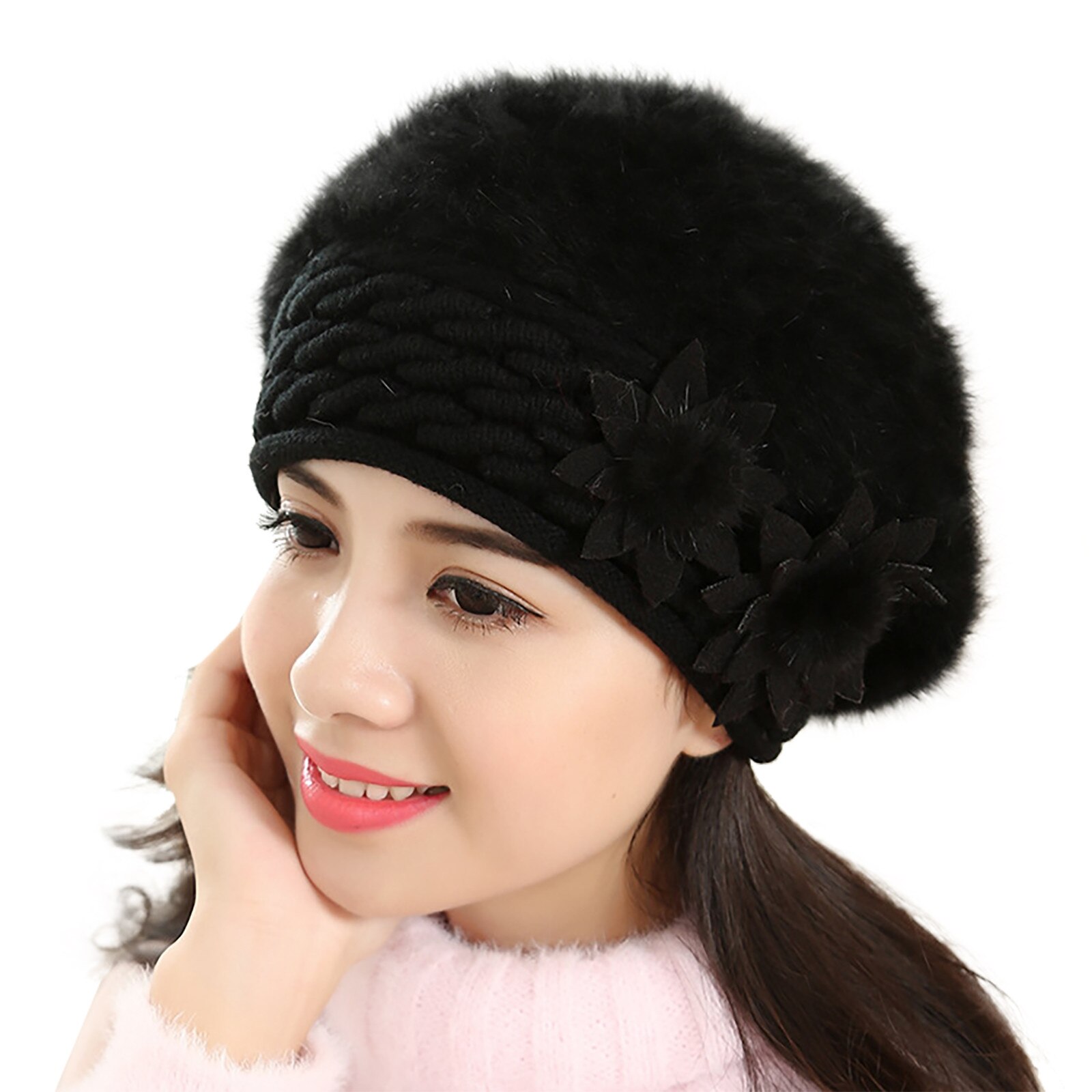 Beret Women Winter Hat Beanie Warm Knit Flower Double Layers Soft Thick Thermal Snow Skiing Outdoor Hats For Female Caps: Black