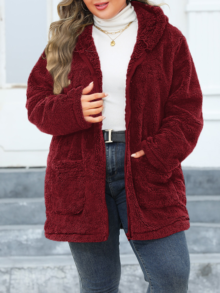 Gibsie plus size efterår vinter hættetrøje plys fleece teddyjakke kvinder lommer afslappet solid lynlås imiteret pelsjakke varmt overtøj: 2xl / Burgunder