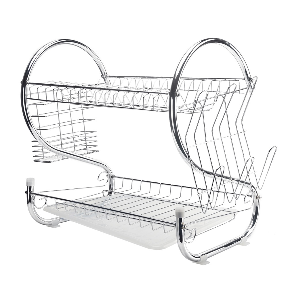 2 Tier Iron Chrome Dish Drainer Drying Rack Removable Rust Proof Utensil Holde For Kitchen Counter Storage Rack