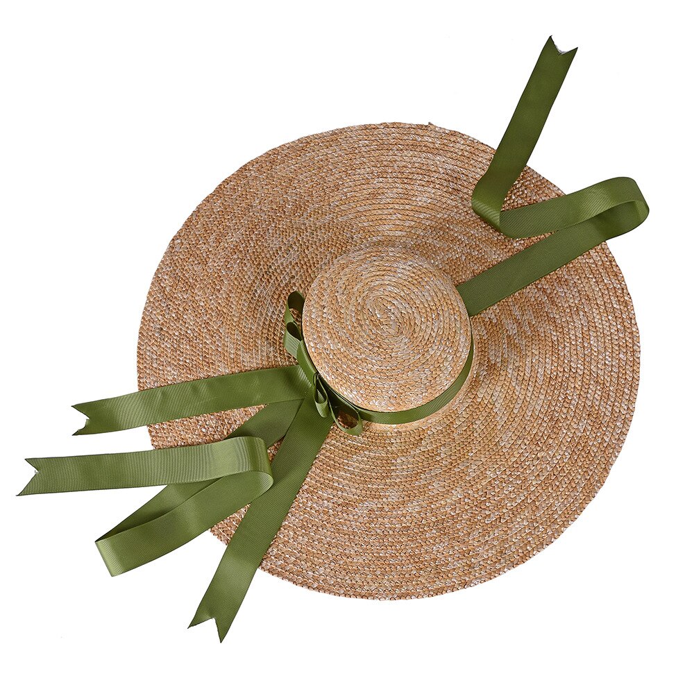 Oversized stråhat dame sommer solbeskyttelse sort patch stor strandhat: Grønt bånd / Randen 12cm