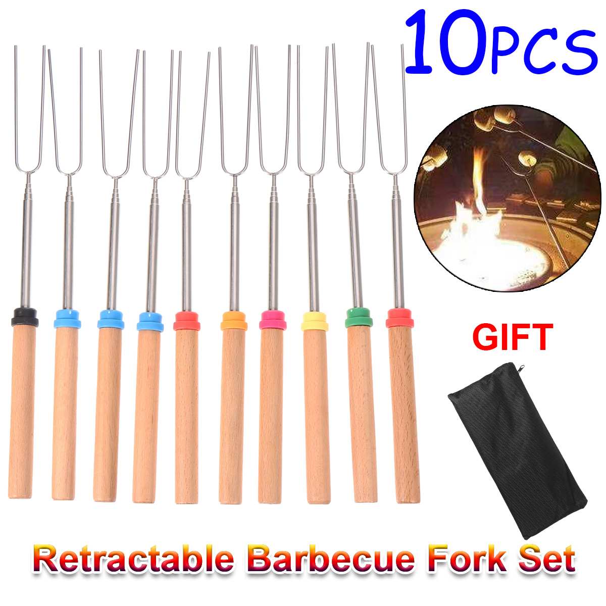 10 stücke Rösten Gabel Stock Edelstahl Holzgriff Teleskop Spieß als Grillen Werkzeuge für Haus, Küche, hinterhof BBQ